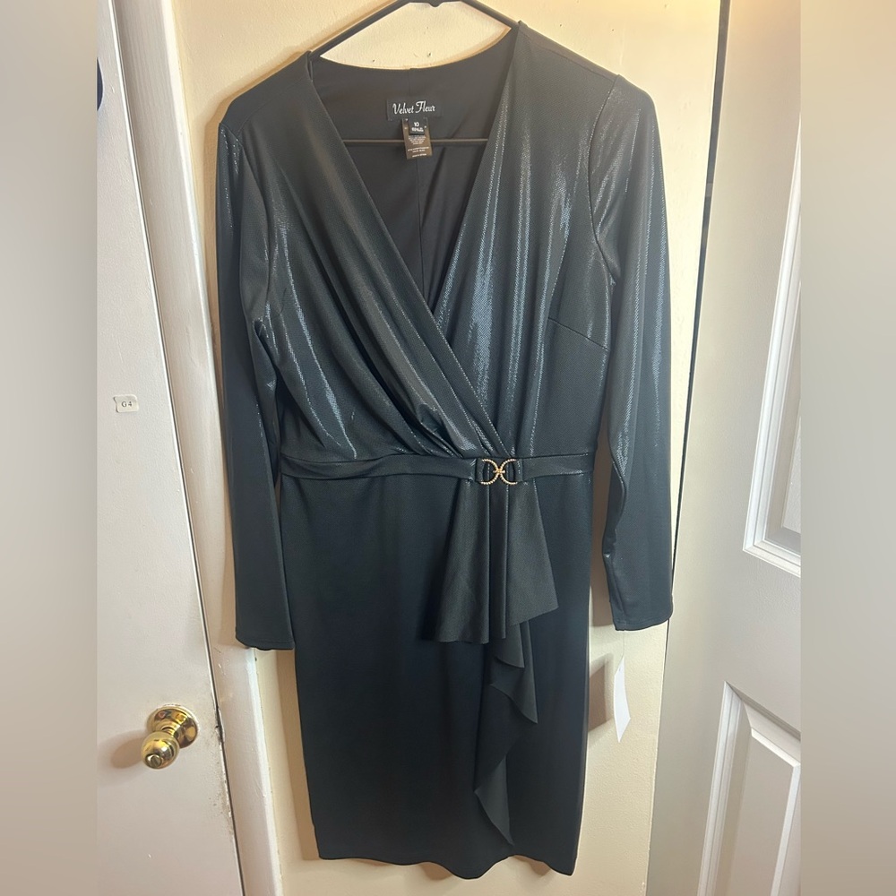 White House Black Market Shimmering Black Long Sleeve Dress